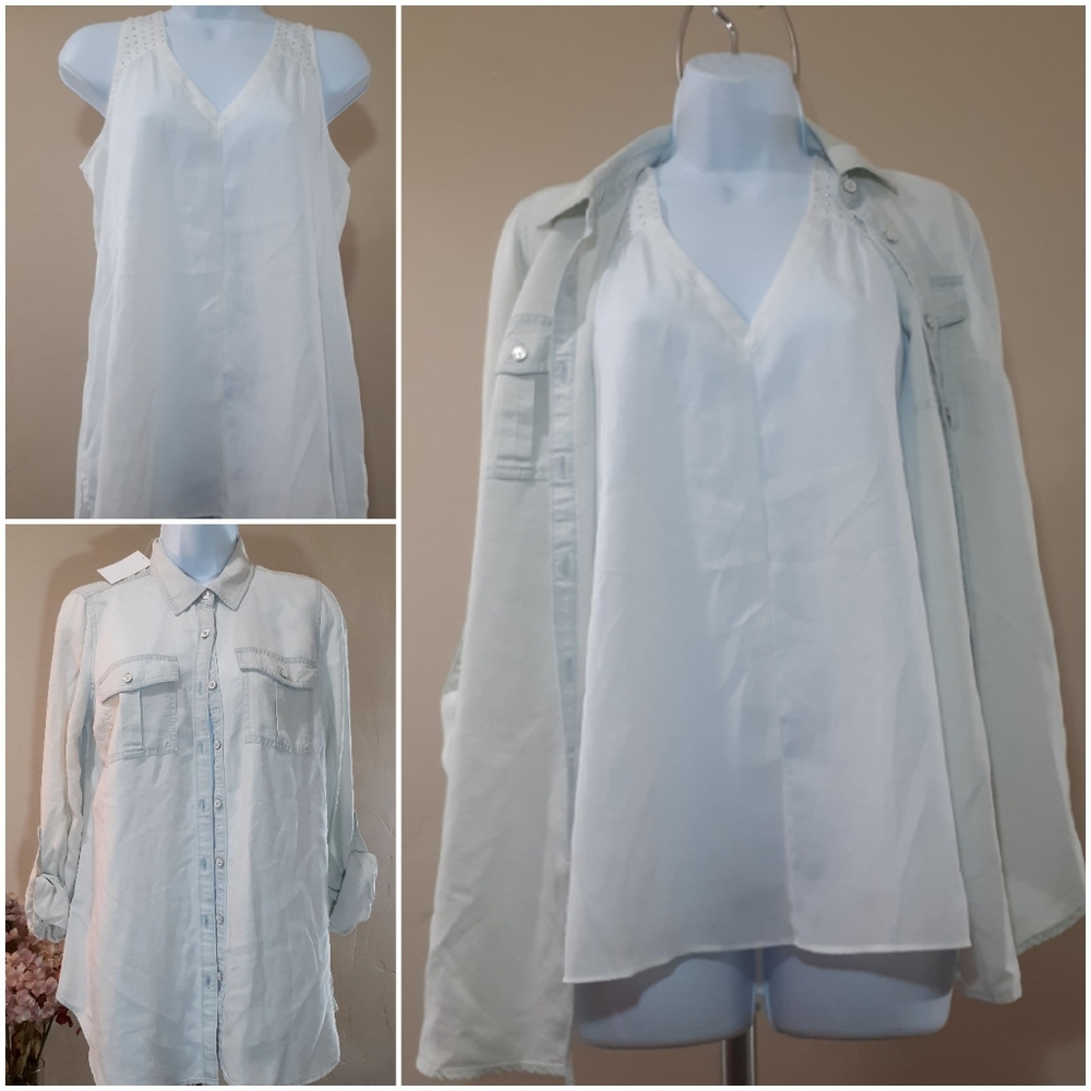 NWT Luxe Essentials Chambray Shirt + Bonus Silver Studded Top